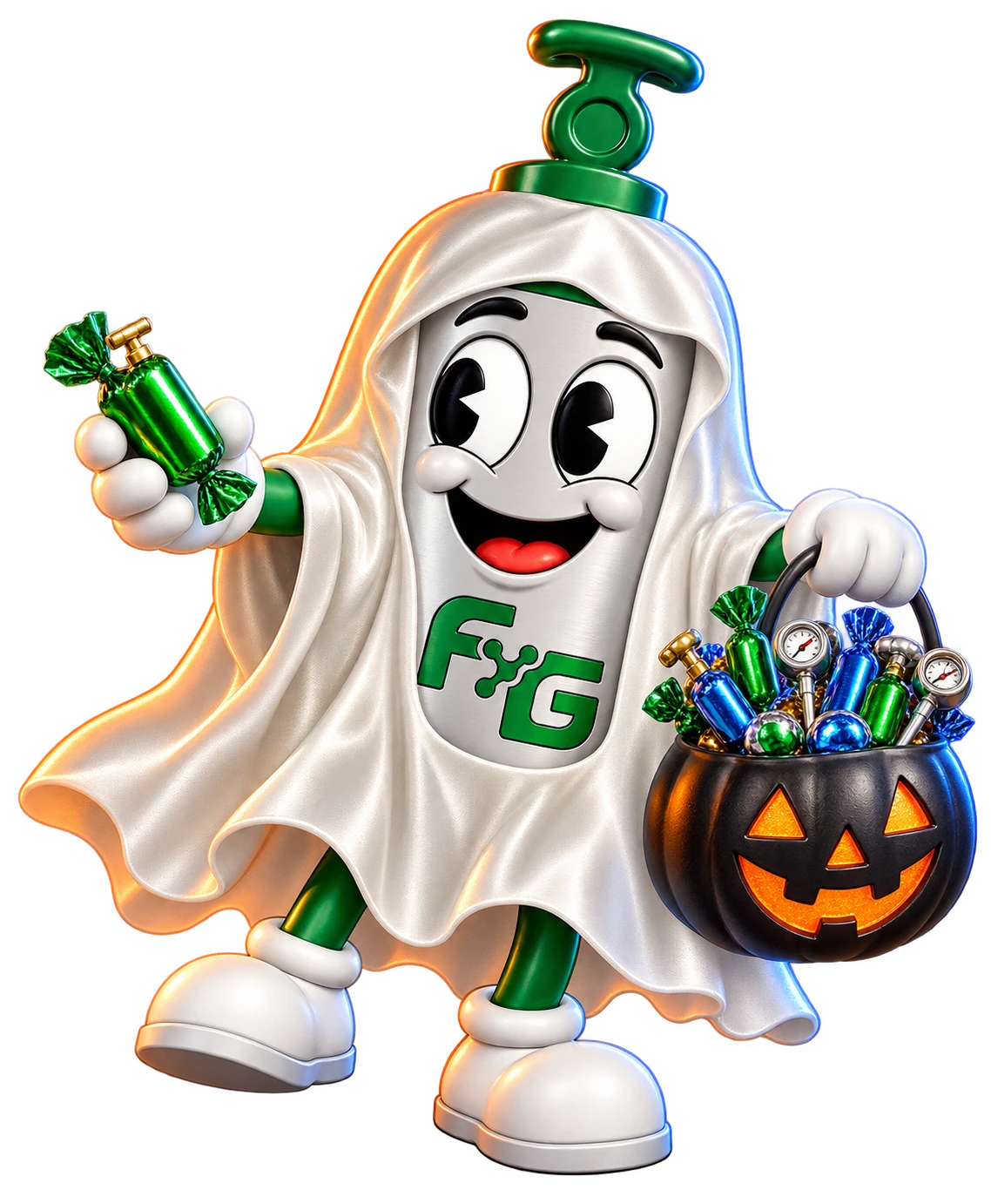 FARGASIN vestido de fantasma con dulces en forma de cilindros y reguladores